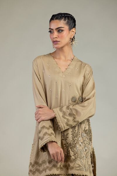 Embroidered | Raw Silk | Floral V-Neck Kurta | GBP 45.00