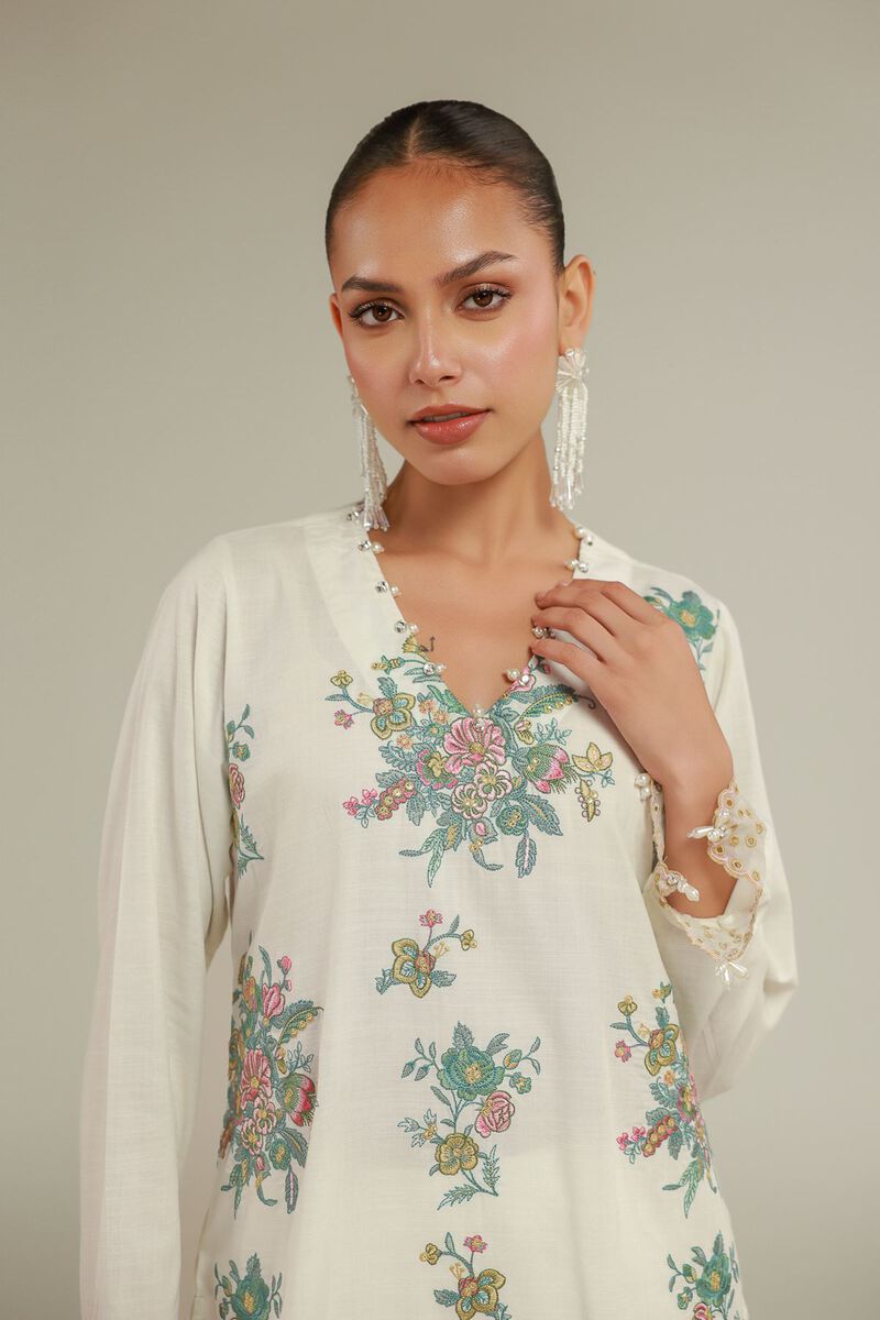Embroidered | Raw Silk | Floral V-Neck Kurta | GBP 55.00