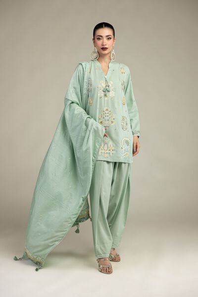 Embroidered | Raw Silk | Floral Mint Shalwar | GBP 25.00