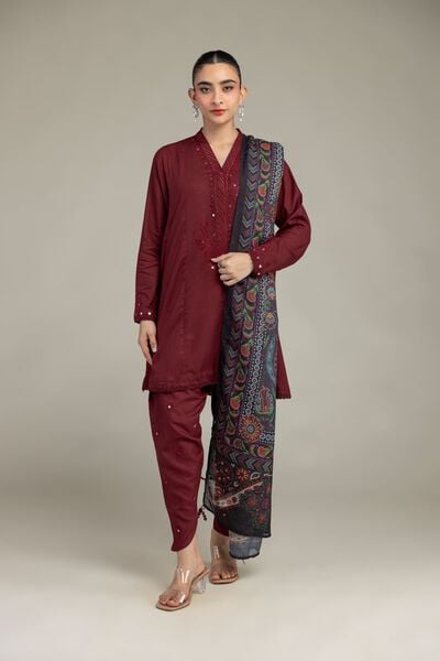 Embroidered | Raw Silk | Maroon V-Neck Kurta | GBP 35.00