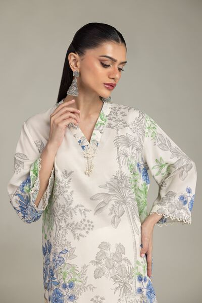 Embroidered | Raw Silk | Floral V-Neck Kurta | GBP 35.00