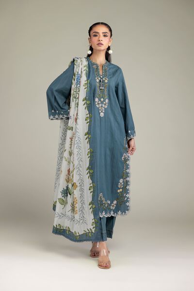 Embroidered | Textured Cotton | Blue Cotton Pants | GBP 20.00