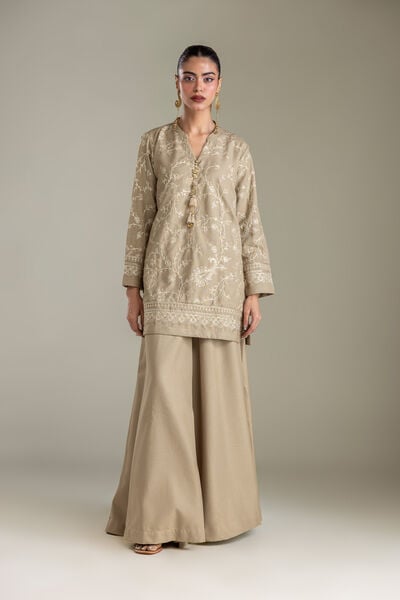 Embroidered | Heavy Blended Viscose | Beige Solid Pants | GBP 35.00