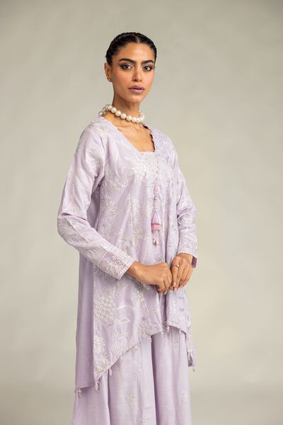 Embroidered | Raw Silk | Floral Lavender Kurta | GBP 55.00