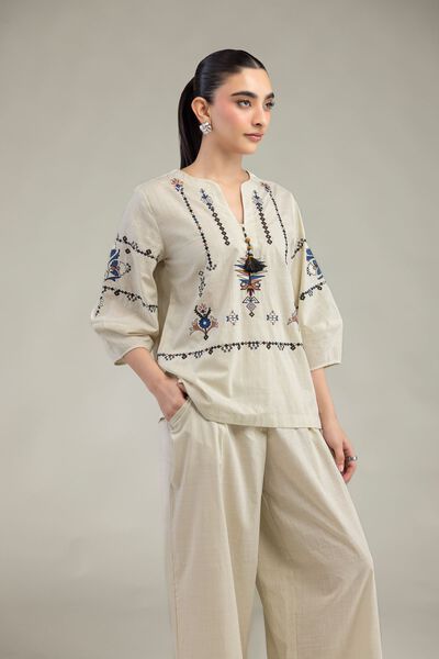 Embroidered | Textured Cotton | Cotton V-Neck Blouse | GBP 21.00