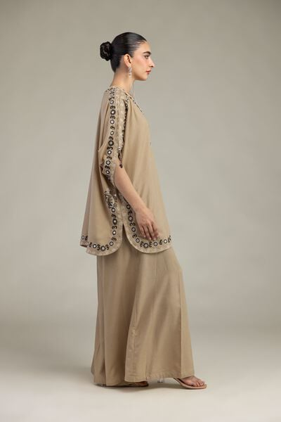 Embroidered | Raw Silk | Silk Beige Pants | GBP 30.00