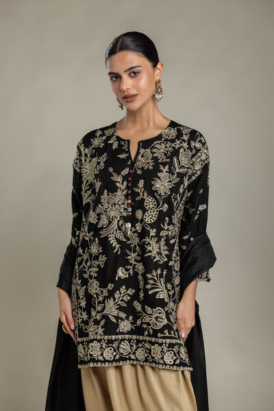 Embroidered | Raw Silk | Black Floral Kurta | GBP 70.00