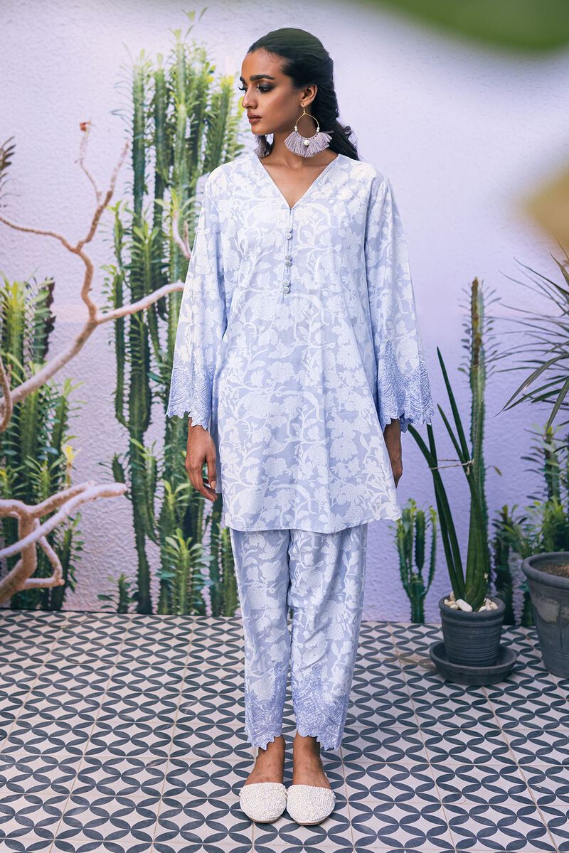 Printed Embroidered Kurta, BLUE, hi-res image number null