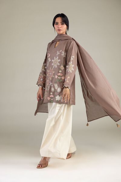 Embroidered | Cotton Dobby | Brown V-Neck Kurta | GBP 40.00
