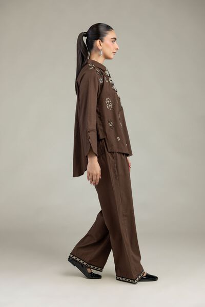 Embroidered | Textured Cotton | Brown Cotton Trousers | GBP 14.00