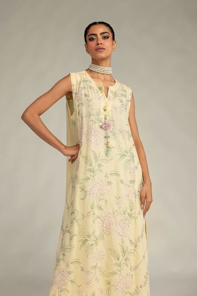 Embroidered | Raw Silk | Yellow Sleeveless Kurta | GBP 45.00
