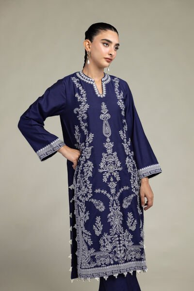Raw Silk | Navy Floral Kurta | GBP 65.00