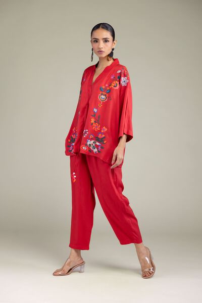 Embroidered | Viscose Crepe | Red Viscose Trousers | GBP 20.00