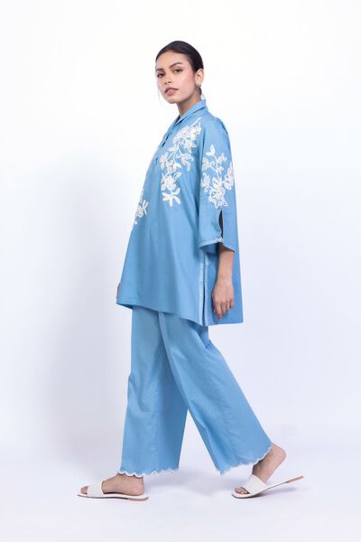 Embroidered | Cotton Dobby | Blue Summer Pants | GBP 17.00