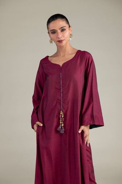 Dyed | Textured Raw Silk | Maroon Longline Kurta | GBP 35.00