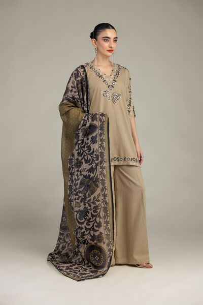 Embroidered | Raw Silk | Silk Beige Pants | GBP 30.00