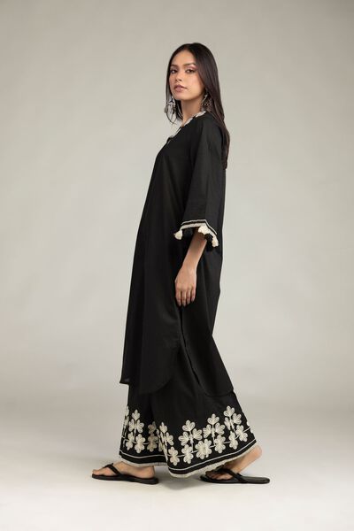 Embroidered | Cotton Dobby | Floral Black Pants | GBP 35.00