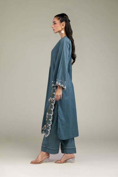 Embroidered | Textured Cotton | Blue Cotton Pants | GBP 20.00
