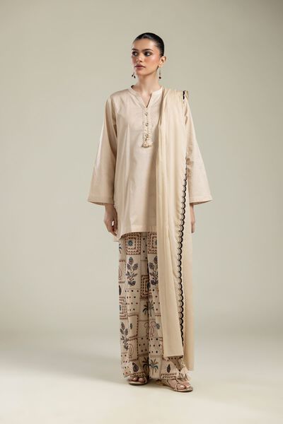 Embroidered |Cotton Dobby | Beige Cotton Pants | GBP 35.00