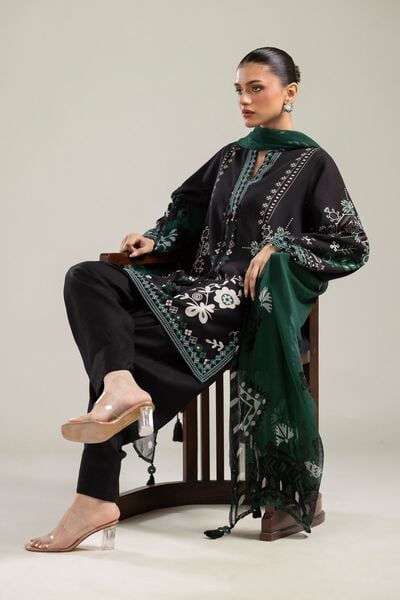 Embroidered | Raw Silk | Black V-Neck Kurta | GBP 35.00