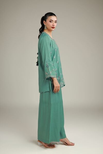 Embroidered | Raw Silk | Summer Teal Pants | GBP 25.00