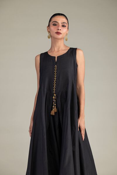 Dyed | Textured Raw Silk | Black Sleeveless Kurta | GBP 45.00