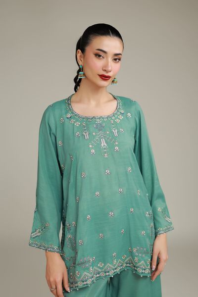 Embroidered | Raw Silk | Floral Drawstring Kurta | GBP 50.00