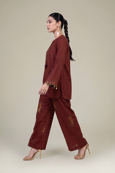 Embroidered | Raw Silk | Brown Floral Pants | GBP 40.00