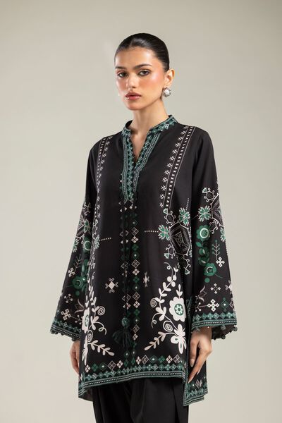 Embroidered | Raw Silk | Black V-Neck Kurta | GBP 35.00