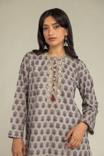 Embroidered | Cambric | Short Beige Kurta | GBP 17.50