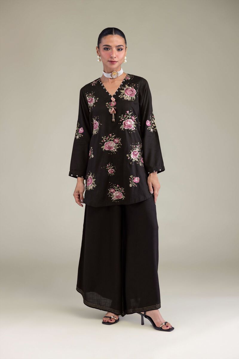 Embroidered | Raw Silk | Black Floral Kurta | GBP 40.00