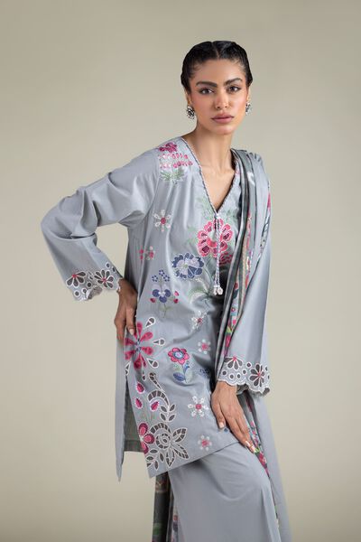 Embroidered | Textured Cotton | Floral V-Neck Kurta | GBP 35.00