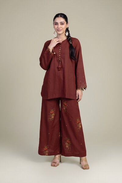 Embroidered | Raw Silk | Brown Floral Pants | GBP 40.00