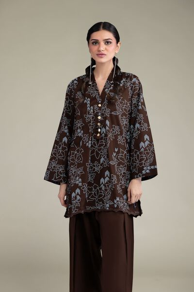 Printed | Cambric | Brown V-Neck Kurta | GBP 25.00