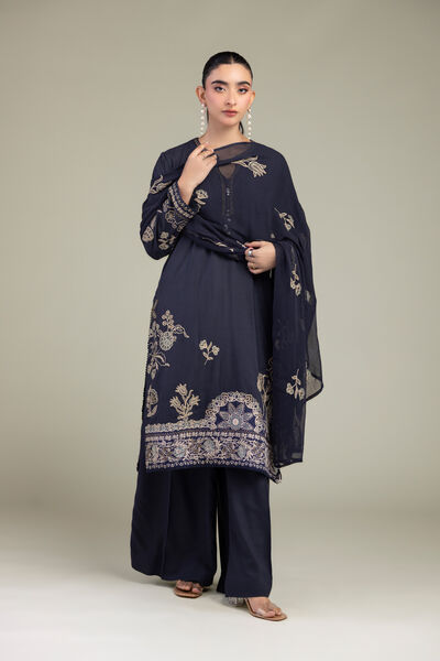 Embroidered | Raw Silk | Floral Navy Kurta | GBP 55.00