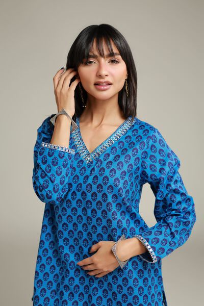 Embroidered | Cambric | Short Blue Kurta | GBP 6.00
