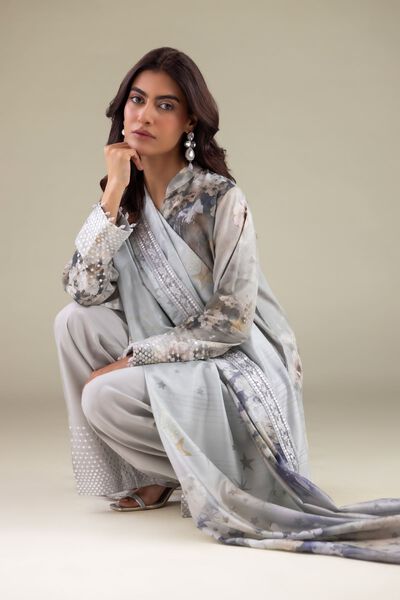 Embroidered | Polyester Silk | Gray Floral Dupatta | GBP 30.00