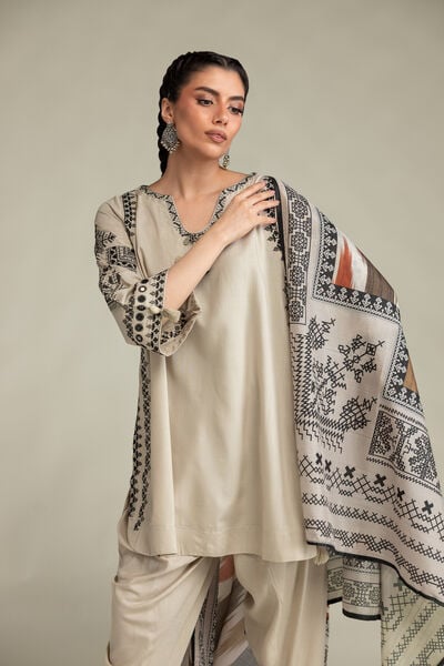 Embroidered | Raw Silk | Short Beige Kurta | GBP 50.00