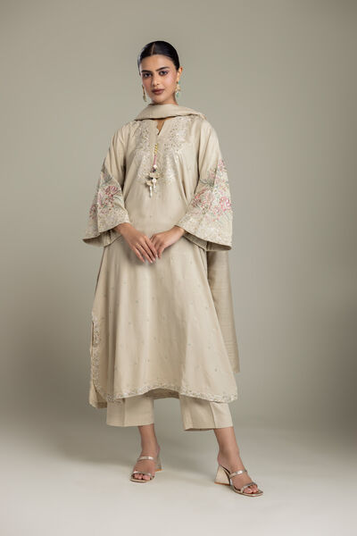 Embroidered | Raw Silk | Floral Beige Kurta | GBP 70.00