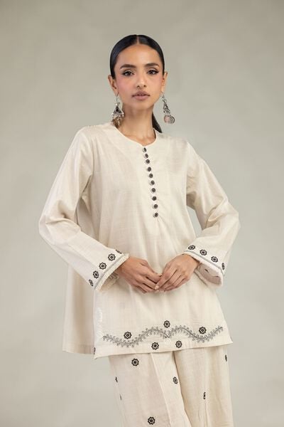 Textured Cotton | Embroidered | Short Round-Neck Kurta | GBP 35.00