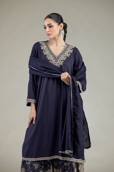 Embroidered | Raw Silk | Navy V-Neck Kurta | GBP 45.00