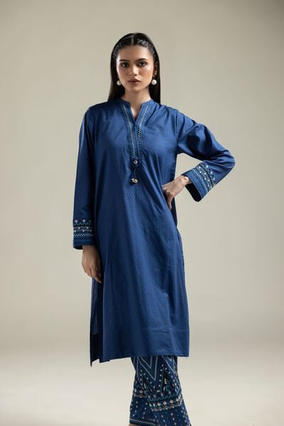 Embroidered |Cotton Dobby | Blue Longline Kurta | GBP 25.00