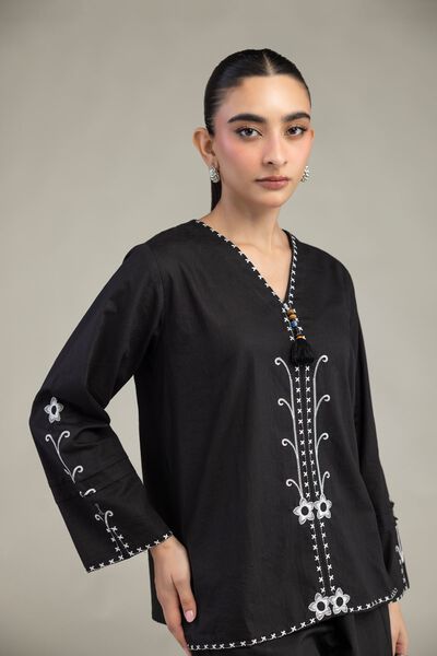 Embroidered | Textured Cotton | Black V-Neck Shirt | GBP 21.00