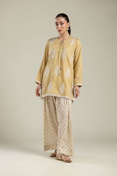 Embroidered | Textured Weave | Beige Printed Pants | GBP 20.00