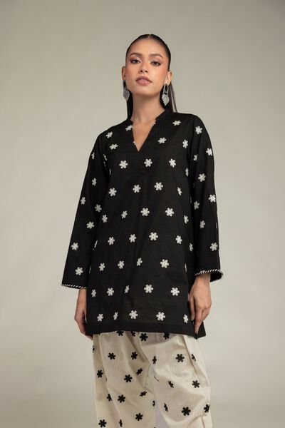 Embroidered | Cotton Dobby | Black V-Neck Kurta | GBP 35.00