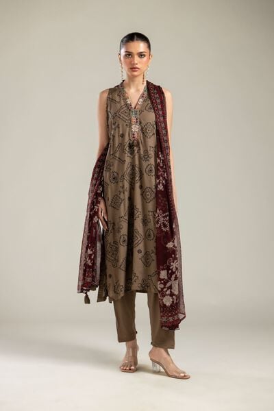 Embroidered | Raw Silk | Brown Sleeveless Kurta | GBP 45.00