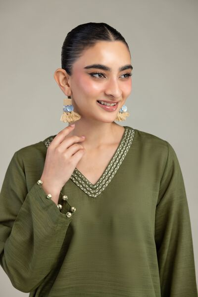 Dyed | Textured Cotton | Olive V-Neck Kurta | GBP 30.00