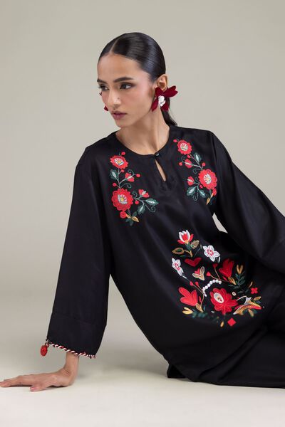 Embroidered | Viscose Crepe | Black Round-Neck Tunic | GBP 30.00
