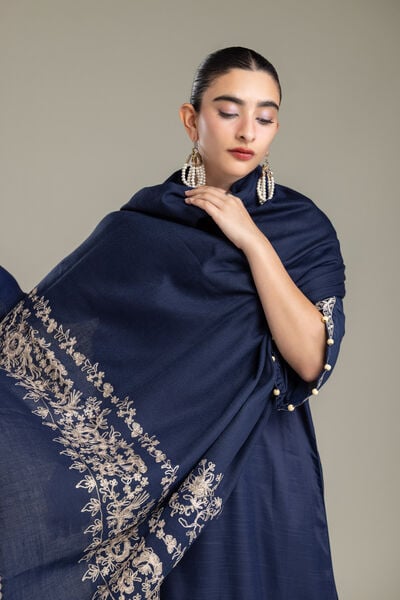 Embroidered | Raw Silk | Navy Floral Shawl | GBP 35.00