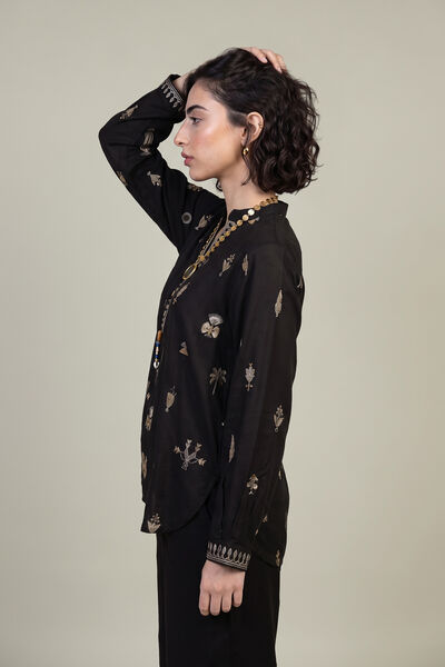 Embroidered | Viscose Crepe | Black V-Neck Shirt | GBP 40.00
